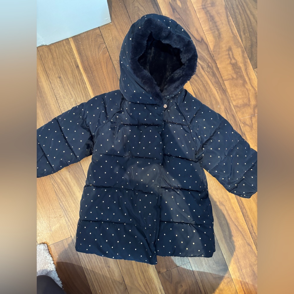 Jacadi Navy Blue Puffer Coat with White Polka Dots